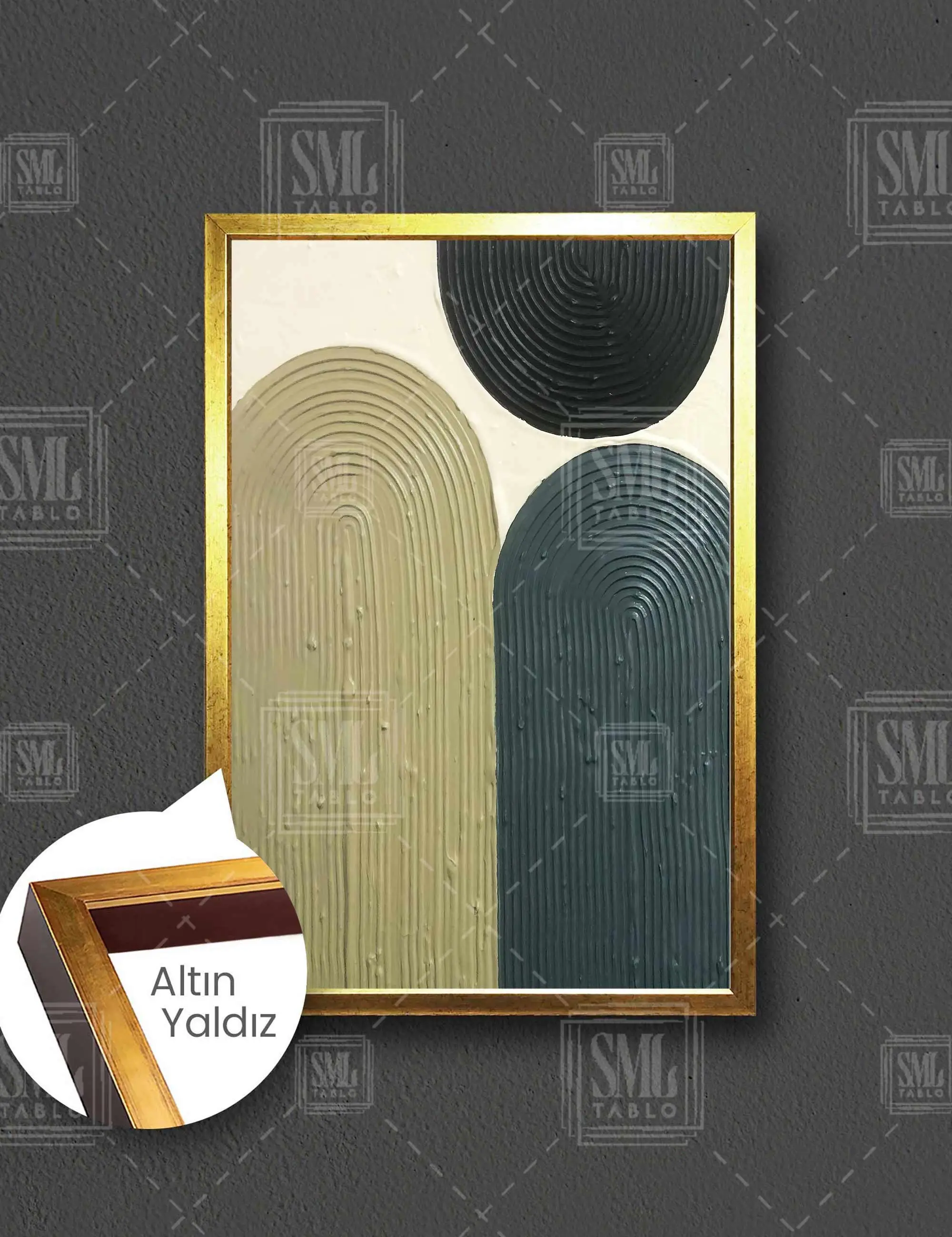 Yeşilin Tonları ve Siyah Boya İzleri Plaster Art Görünümlü Çerçeveli Dikey Kanvas Tablo