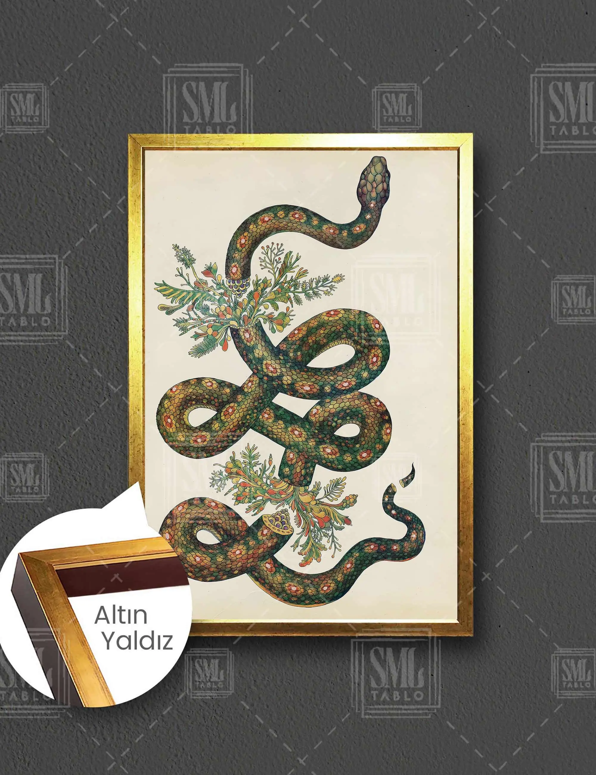 Yılan İçinden Çıkan Çiçekler Şahmaran Sarılan Yılan Snake Çerçeveli Dikey Kanvas Tablo