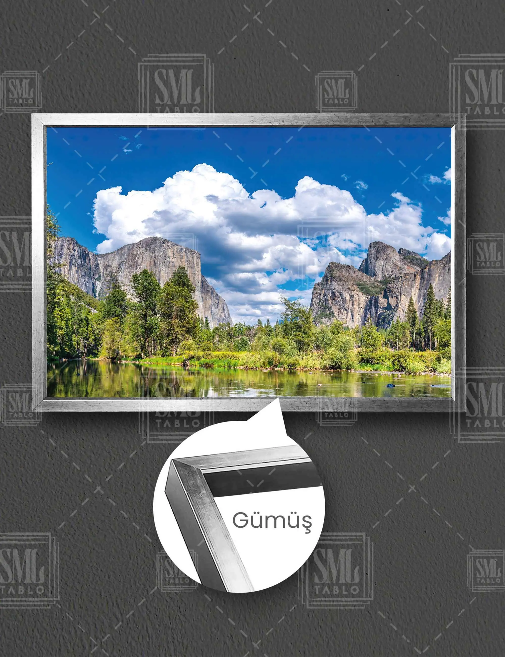 Yosemite Ulusal Parkı California Göle Yansıyan Doğa Çerçeveli Yatay Kanvas Tablo - Gümüş