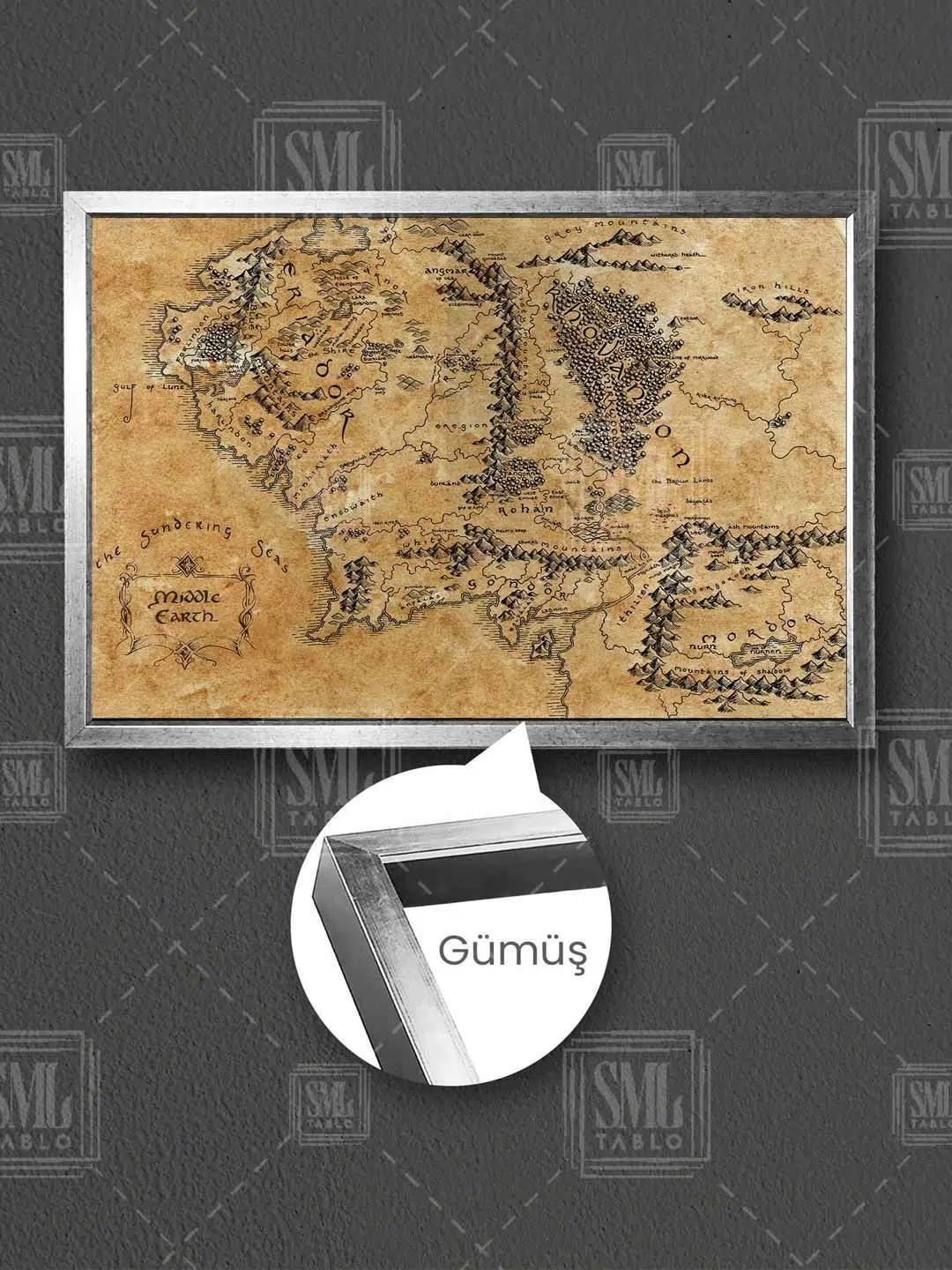Yüzüklerin Efendisi Filmi Orta Dünya Haritası Lord Of The Rings Çerçeveli Yatay Kanvas Tablo - Gümüş
