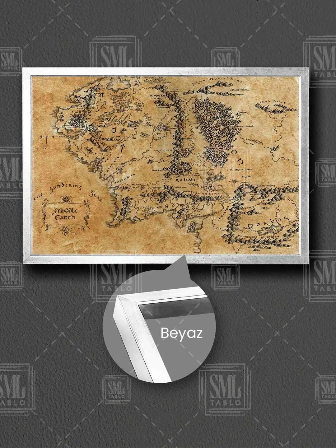 Yüzüklerin Efendisi Filmi Orta Dünya Haritası Lord Of The Rings Çerçeveli Yatay Kanvas Tablo - Beyaz