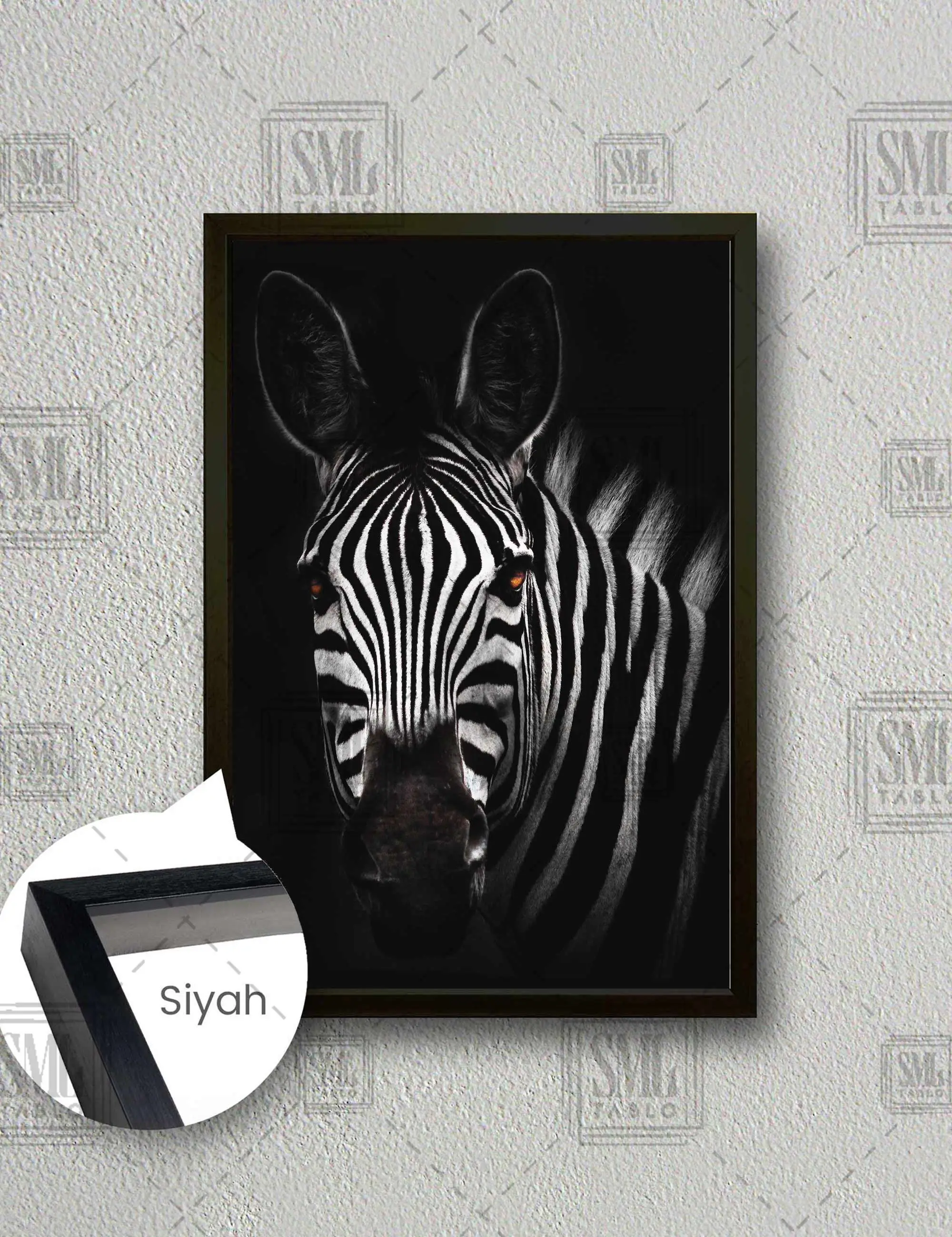 Zebra Çizgili Asil Hayvan Orman Doğa Çerçeveli Dikey Kanvas Tablo - Siyah