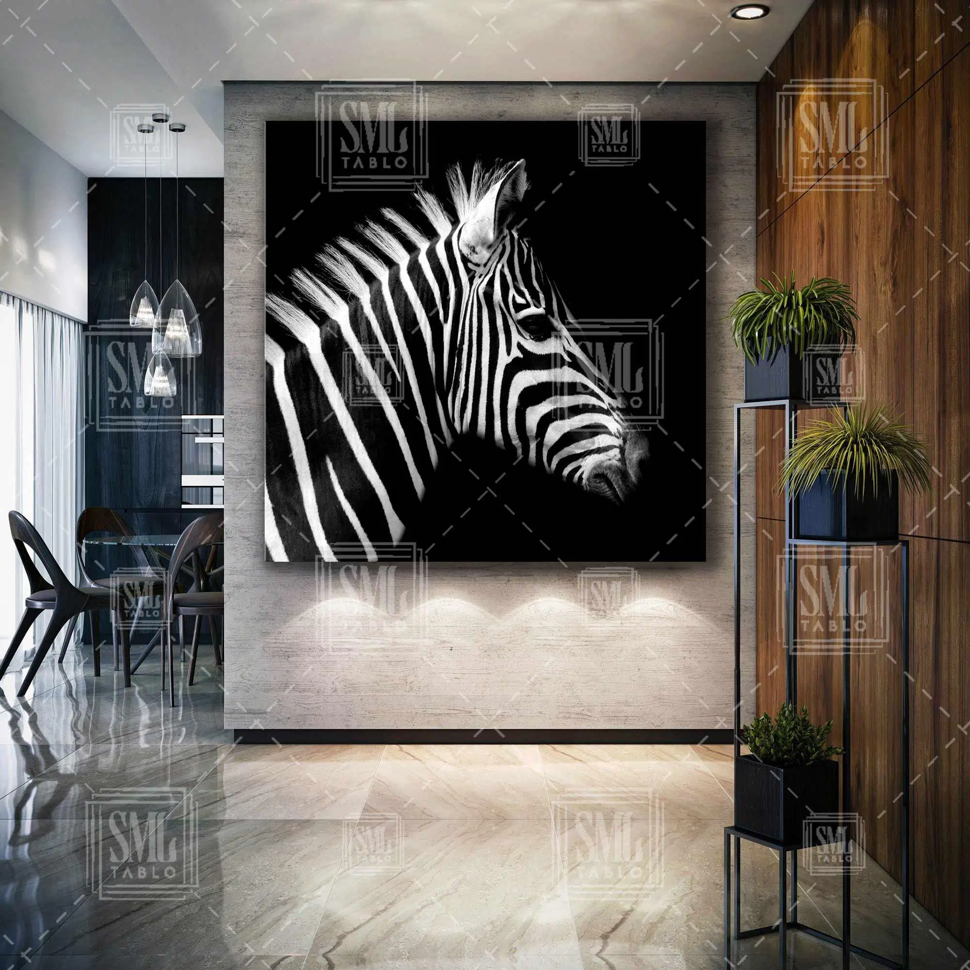 Zebra Kafası Afrika Hayvan Siyah Beyaz Kare Kanvas Tablo