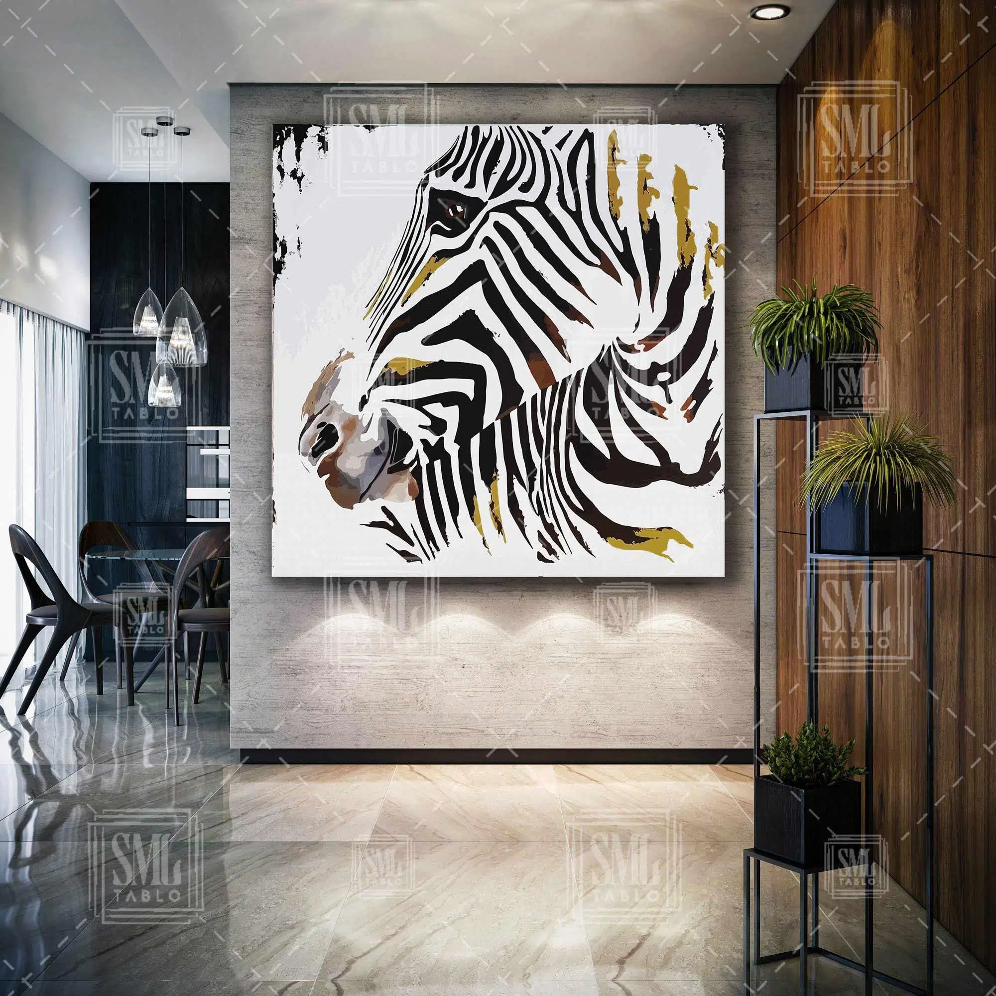Zebra Kafası Siyah Beyaz Gold Dekor Art Hayvan Kare Kanvas Tablo